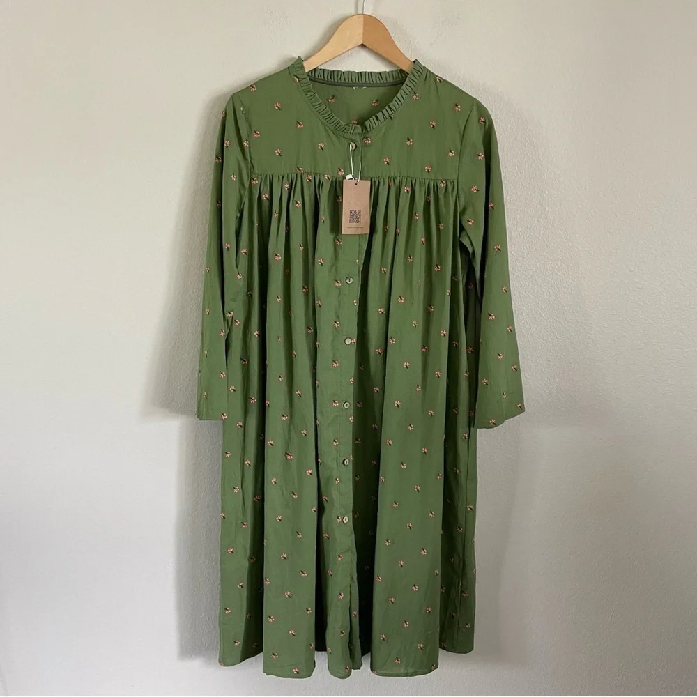 Soolinen Floral Embroidered Belted Midi Button Front Dress Green Size Large